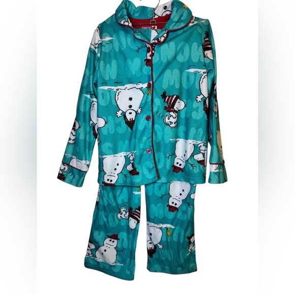 💥Peanuts Snowman Pajama Set - Teal and White Kids 6/6x - Picture 1 of 6